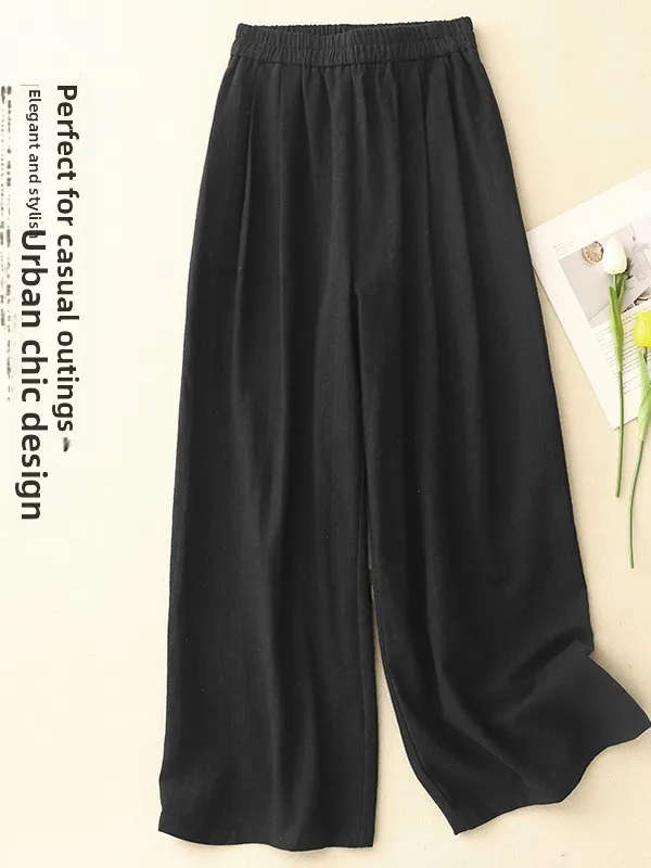 ارتفاع الخصر السراويل واسعة الساق المرأة الكتان القطن عارضة الطابق طول زن Sle مريحة فضفاضة تناسب السراويل لفصل الصيف