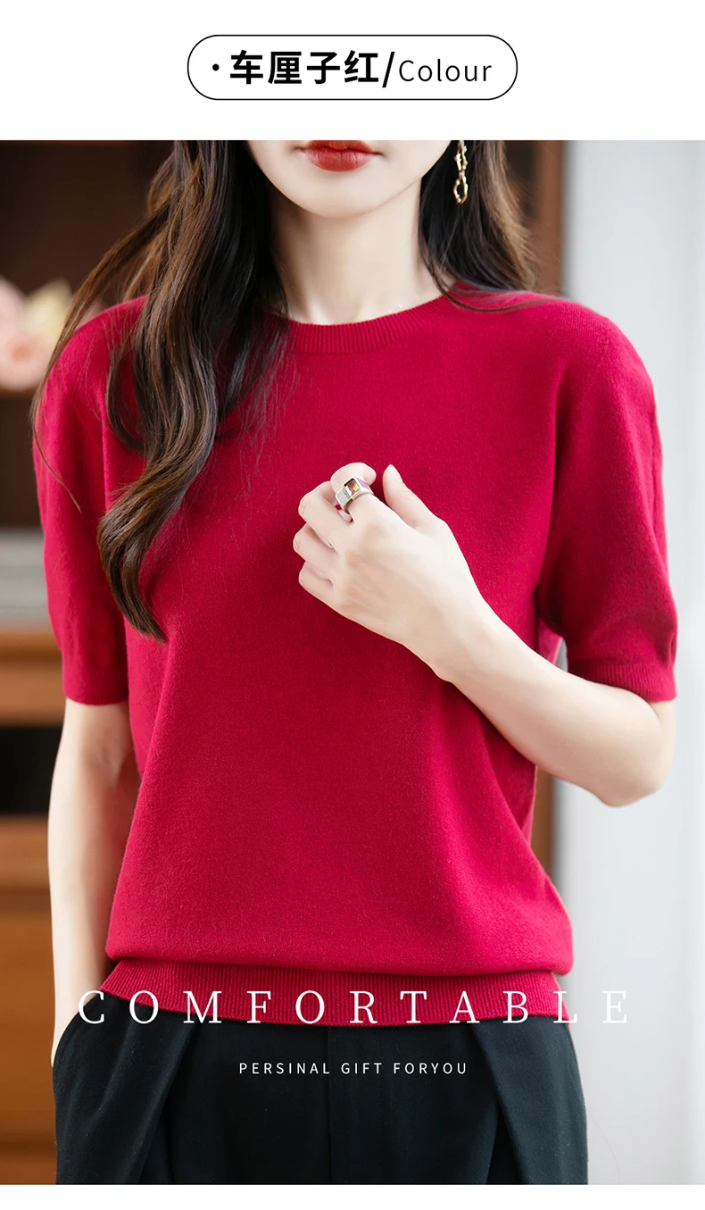 First-Line Ready-To-Wear Sweater Women's 100 Pure Wool Knitted Short-Sleeved T-Shirt Round Neck Thin Sweater Loose Half-Sleeve