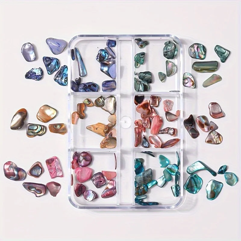 6 Grids Abalone Shell Nail Chips Irregular Natural Mother of Pearl Shell Pieces Multi Color Shimmery Nail Art Decoration for Salon Home DIY Manicure