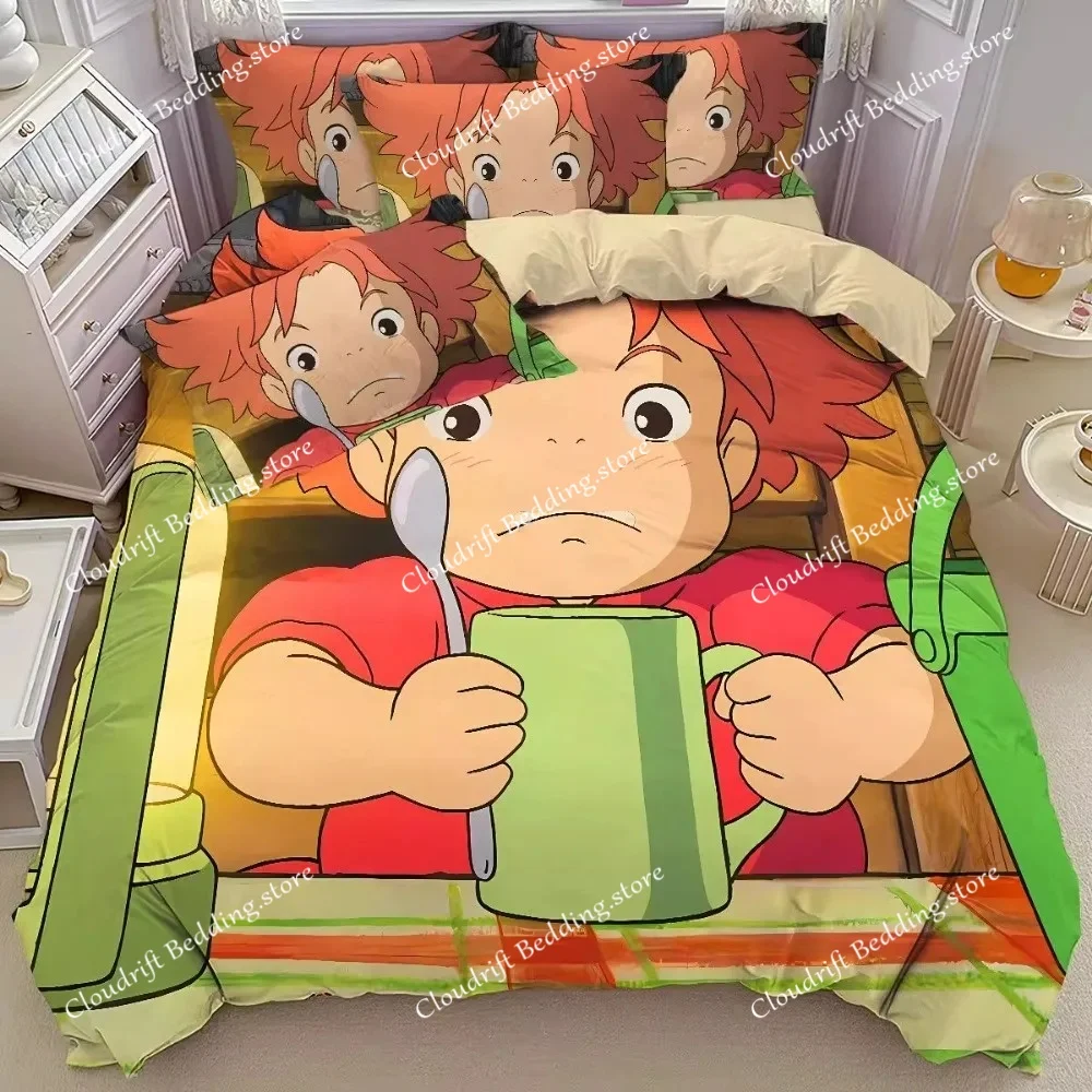 comic Hayao Miyazaki,Microfibre Bedding Sets, Children's Bed Linen with Zip Ponyo Motif , Room Decor Duvet Cover for  adult