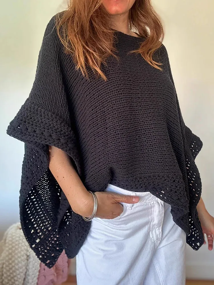 

Autumn Elegant O-neck Knitted Tops Women's Casual Bat Sleeve Solid Color Pullover 2025 Winter Fashion Hollow Out Loose Sweaters