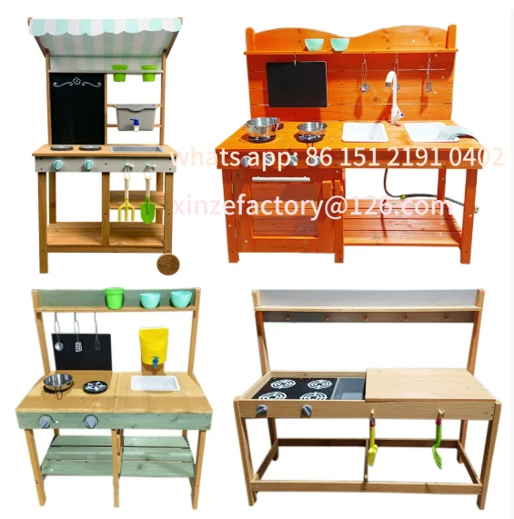 

Customizable wooden toys children's outdoor play house kitchen simulation solid wood cooking mud stove
