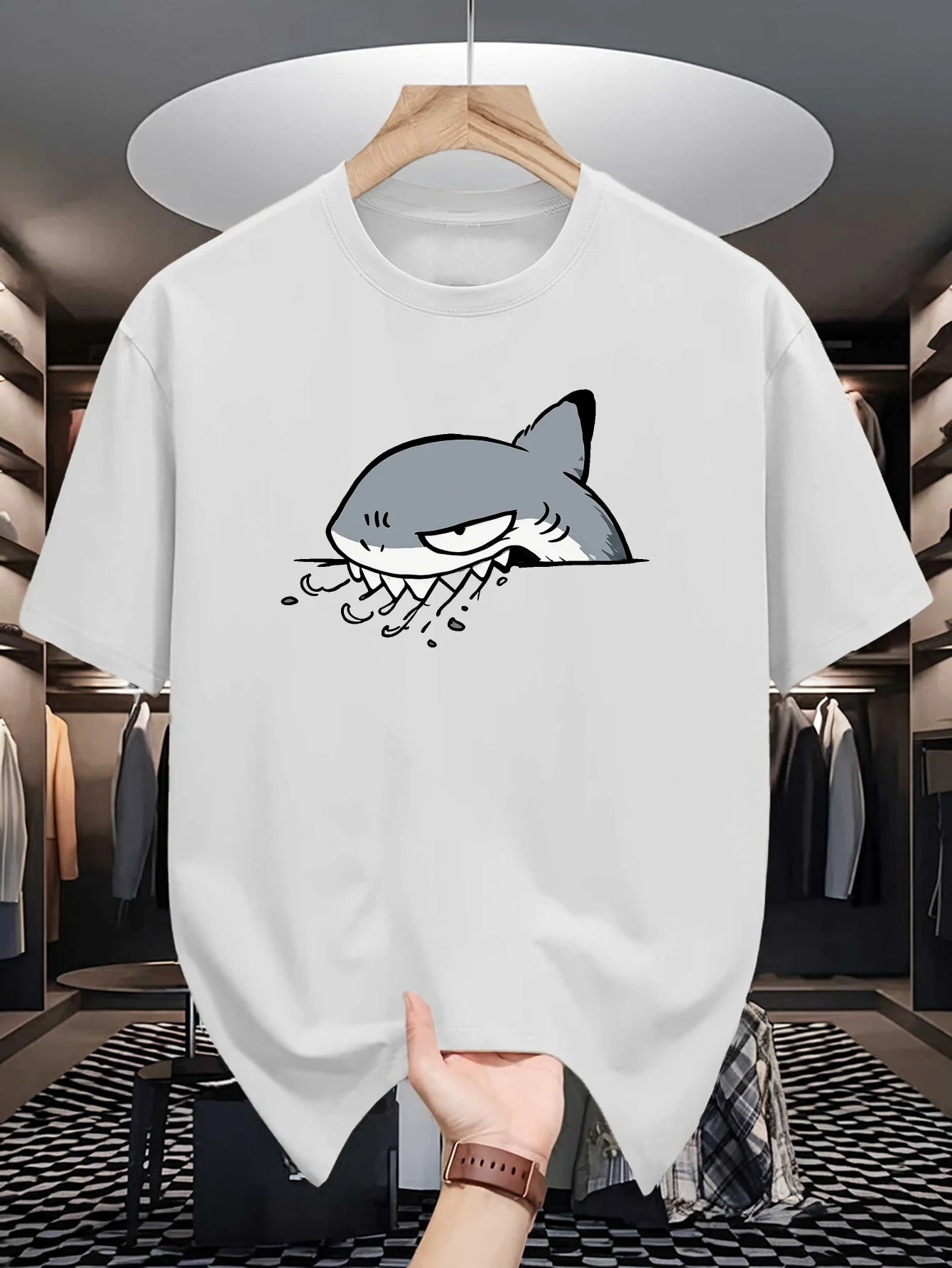 Angry Shark Breaking Out Cartoon Print Mens Crew Neck T Shirt Cool Ocean Animal Graphic Short Sleeve Casual Cotton Summer Tees