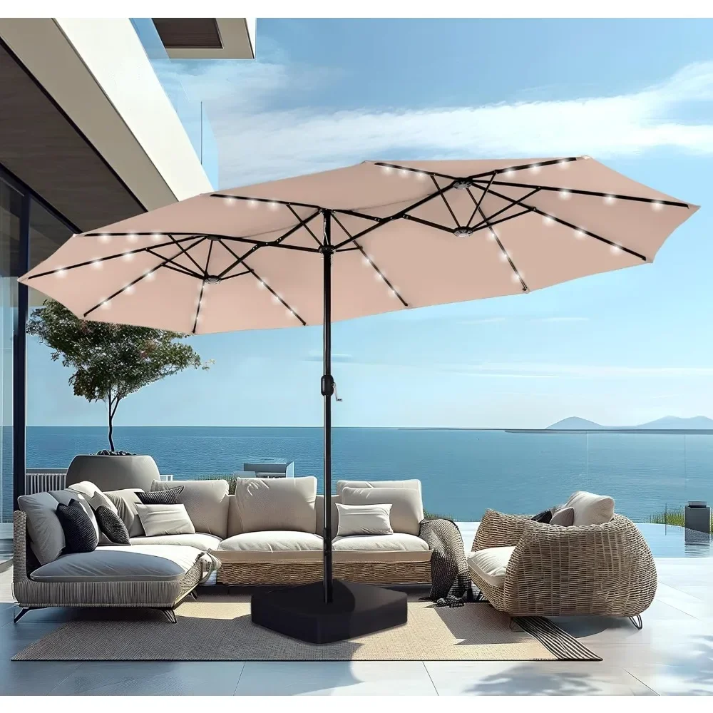 

15ft Large Patio Umbrella, with Base & Solar Lights, Double-Sided Outdoor Rectangle Umbrellas, with 36 LED Lights