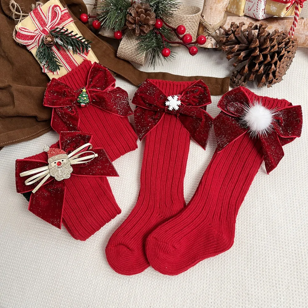 Christmas Socks with Bowtie for Boy Girl Babies Cotton Fuzzy Sock Gifts Classic Red and Green Assortment for Home Outdoor Party