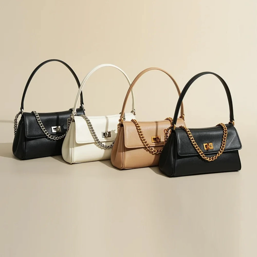 

New Womens Cowhide Crossbody Bag with Chain Small Design High-End Handbag for Office Workers Single Shoulder Fashion Accessory