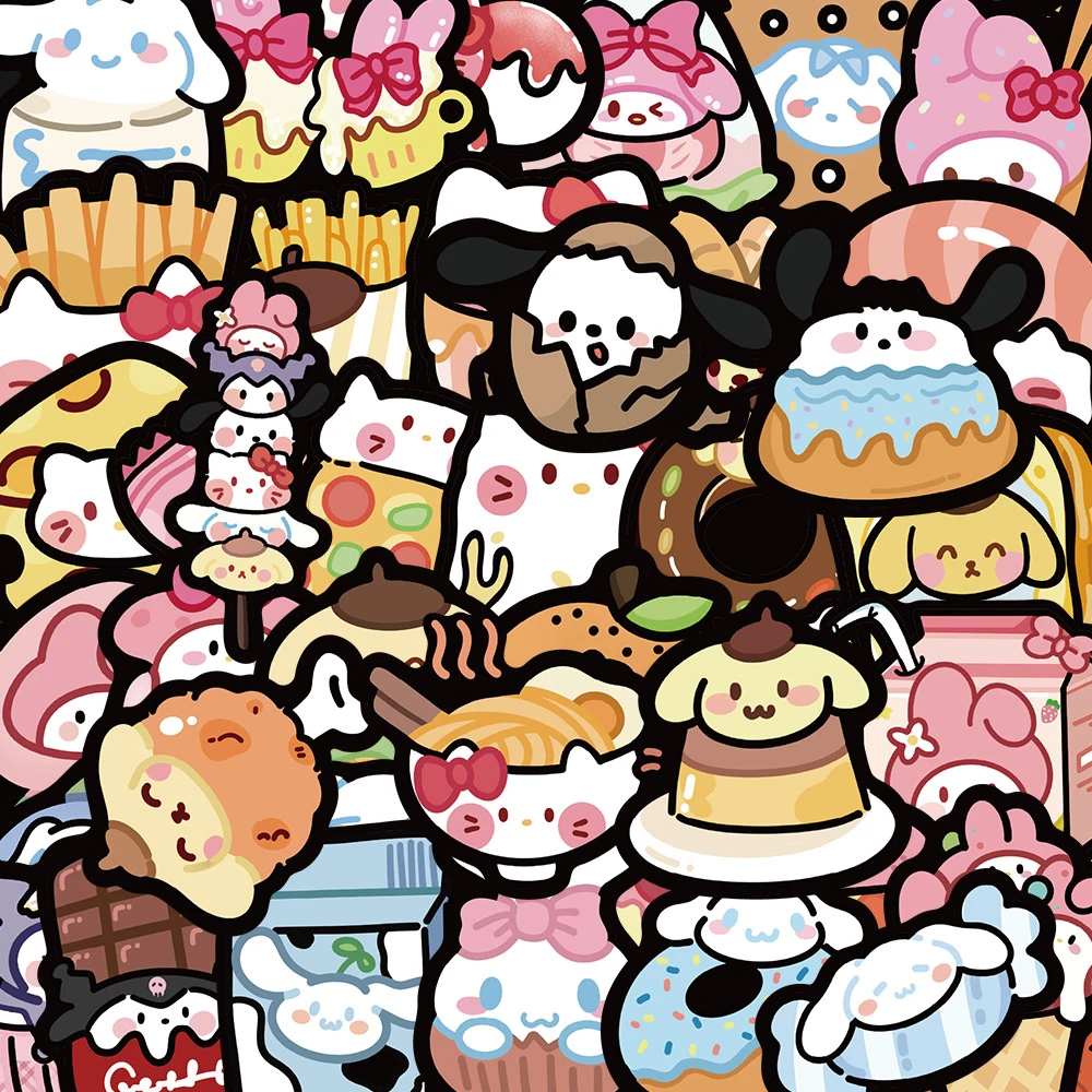 

10/30/50pcs Kawaii Cartoon Sanrio Food Stickers Cute Kuromi My Melody Graffiti Sticker Fridge Laptop Phone Decals Kids Toy Gift