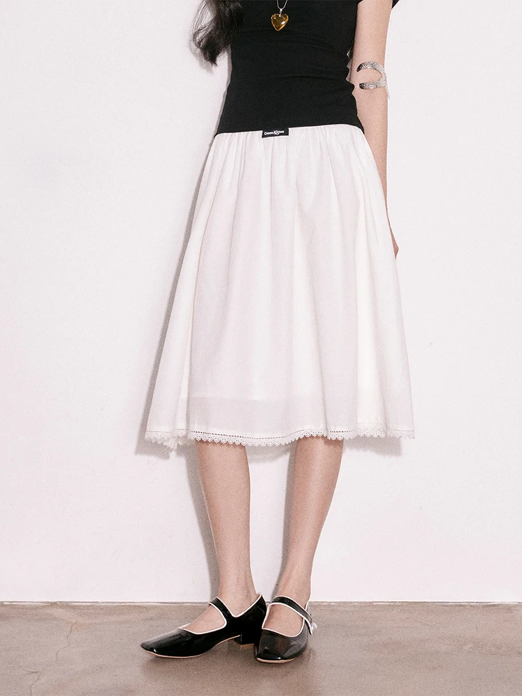 White Pleated A-Line  Skirt Women Summer Pure Color Cream Kitten Simple Style Casual Cotton Blend mid Waist Skirt