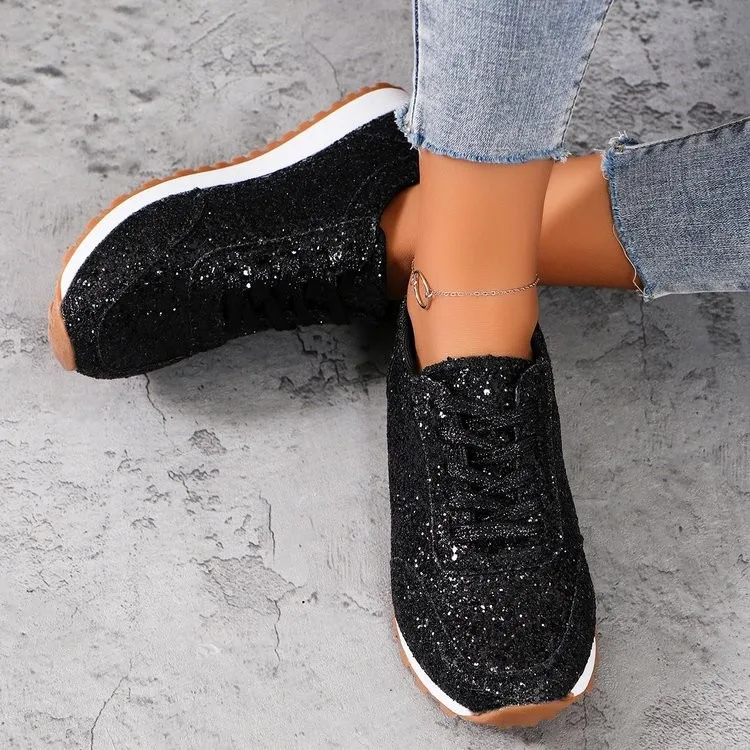 Zapatillas Deportivas Ligeras con Brillantina para Mujer, Primavera-Otoño 2026, con Cordones, Tacón Bajo, Antideslizantes y Cómodas para Caminar