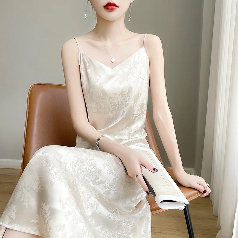 프렌치 아세테이트 새틴 V넥 스트랩 여성용, 봄과 여름 신상 자카드, 슬림 롱 드레스