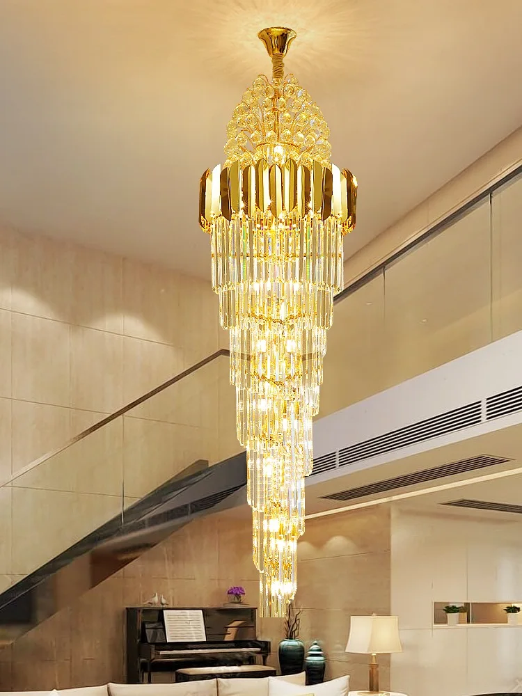 Luxurious And Exquisite Interior Hall Stairwell Golden Chandelier Modern Hotel Lobby Clean Crystal Ball LED Long Chandelier