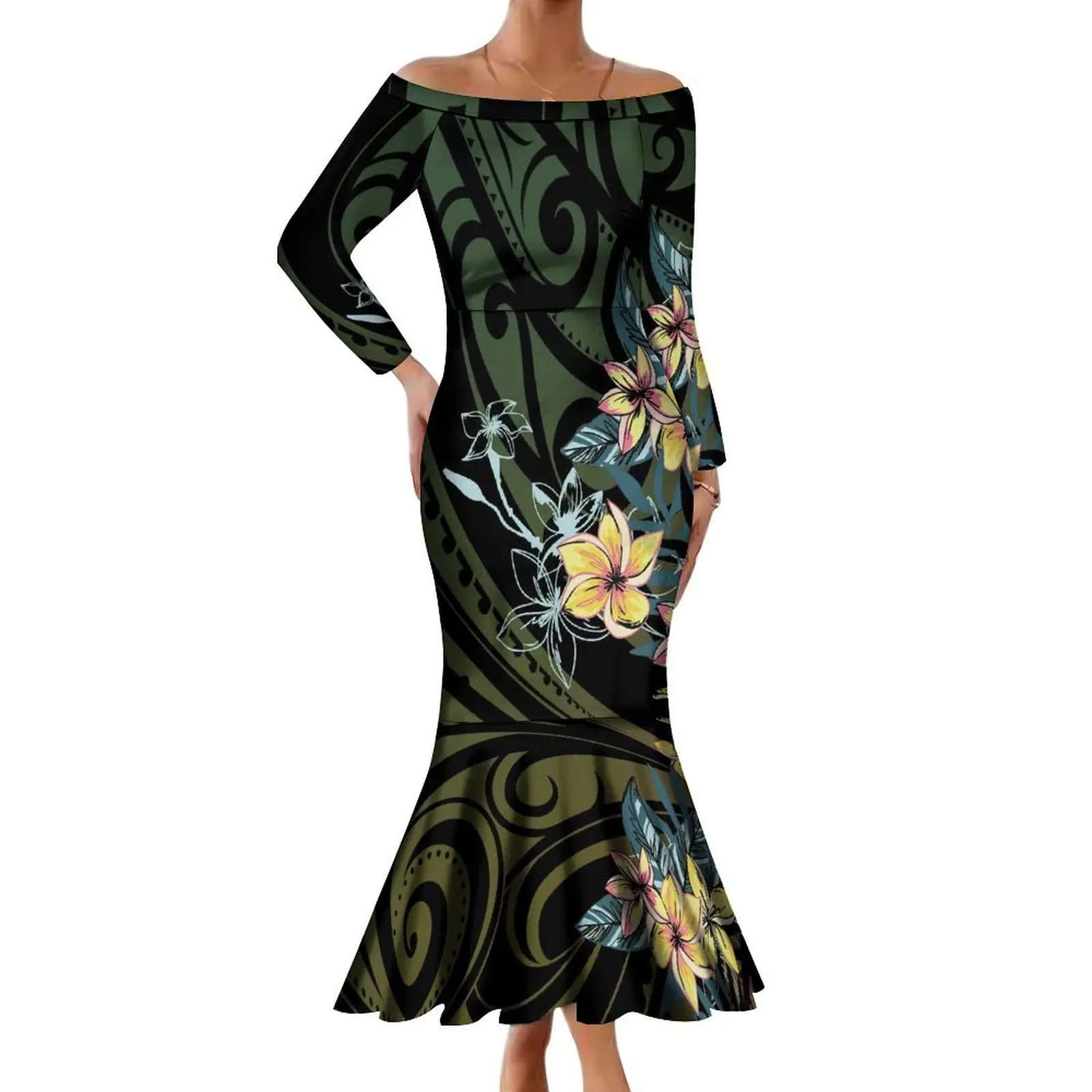 

Polynesian Women'S Dress Fall Long Sleeve Fiji Samoa Island Clothing New Slim-Fit Fishtail Dress Line Shoulder Long Dress