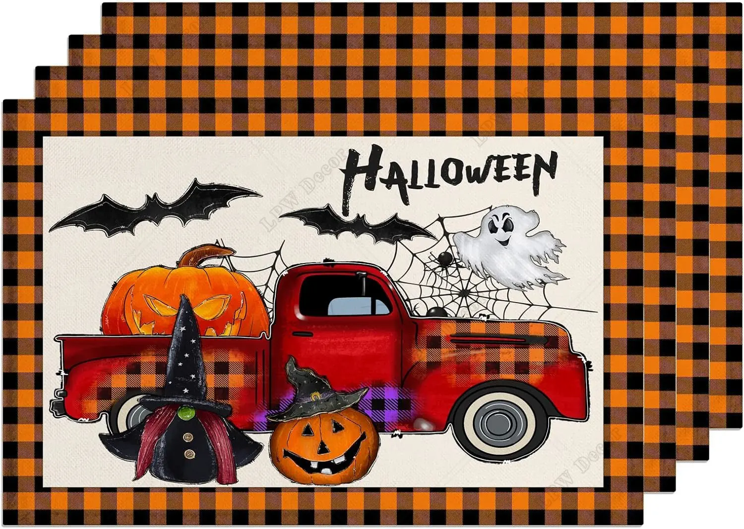 Halloween Truck Placemats Set of 4 Orange Buffalo Plaid Pumpkin Placemats for Dining Table Resistant Table Mats  Decorations