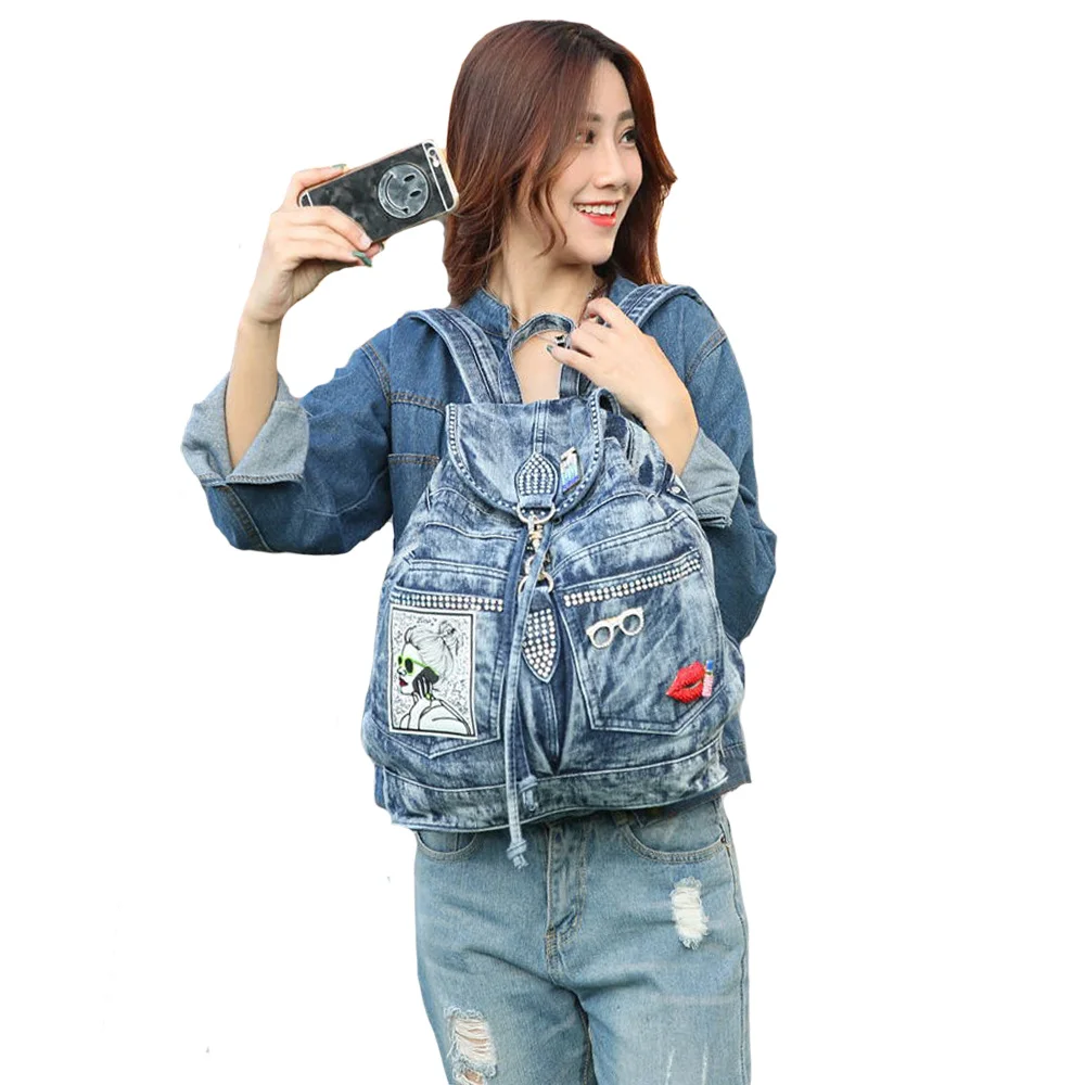 Neue Denim Rucksack Koreanische Version Retro Diamant Denim Tasche Straße Persönlichkeit Trend Damen Einfarbig Kordelzug Schloss Rucksäcke