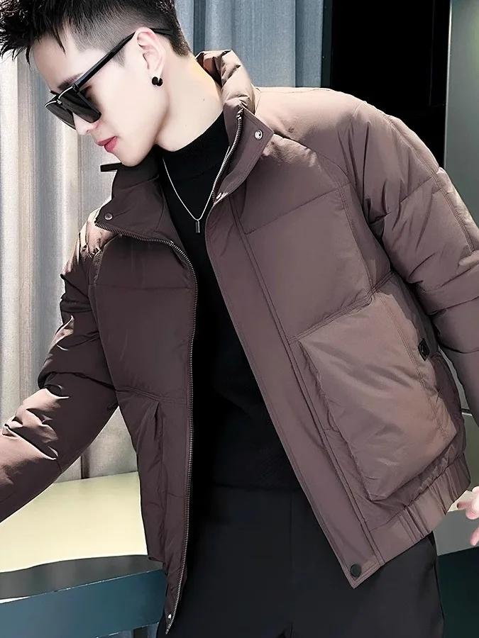 

2025 Winter New Men's Cotton Jacket with Big Pockets Casual Stand Collar down Filled Coat Trendy All-Match Thickened Long Sleeve
