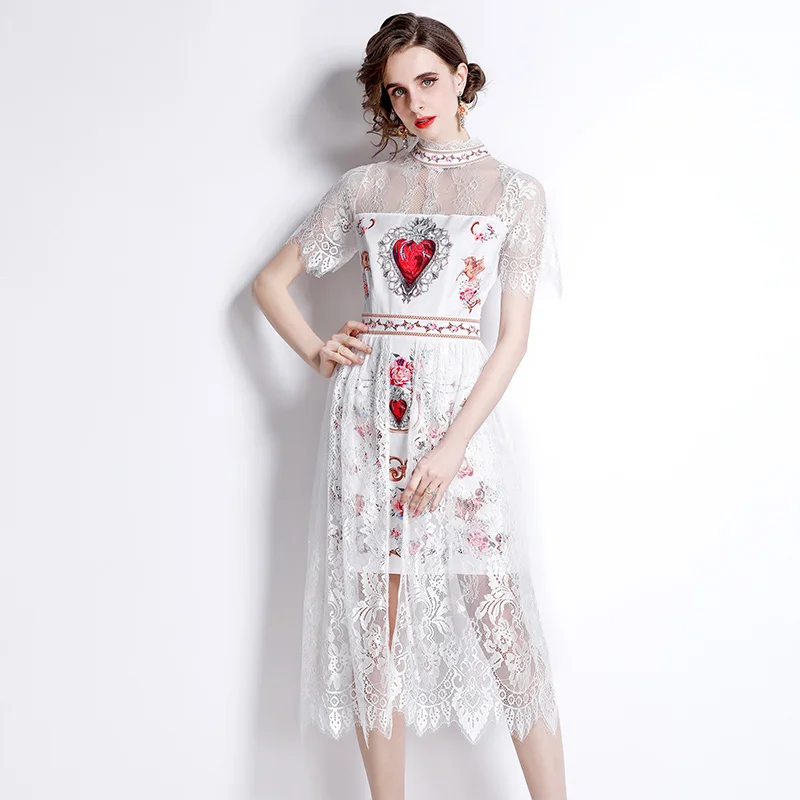 2022 Summer New Lace Patchwork Queen Of Hearts Print Dress Women Stand Collar Short Sleeve Fashion Elegant Vintage Dress