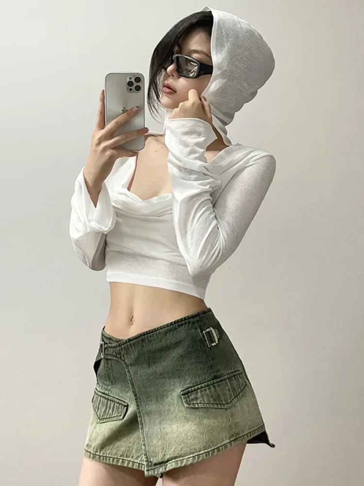 Simple Light Loose Casual Sexy All-Match Personalized Cool Breathable Thin Women\'S Summer Hooded Sunscreen Short Top
