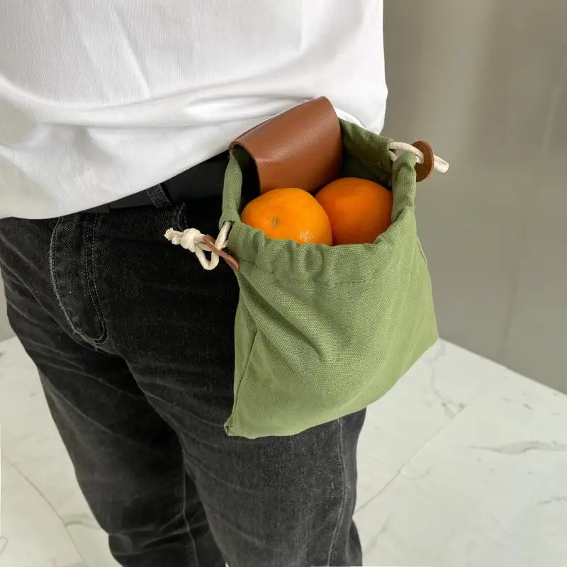 Outdoor Waist Pouch Foldable Foraging Bag Canvas Berry Picking Storage Camping Accessory Leather Tool Organizer Hiking Gear