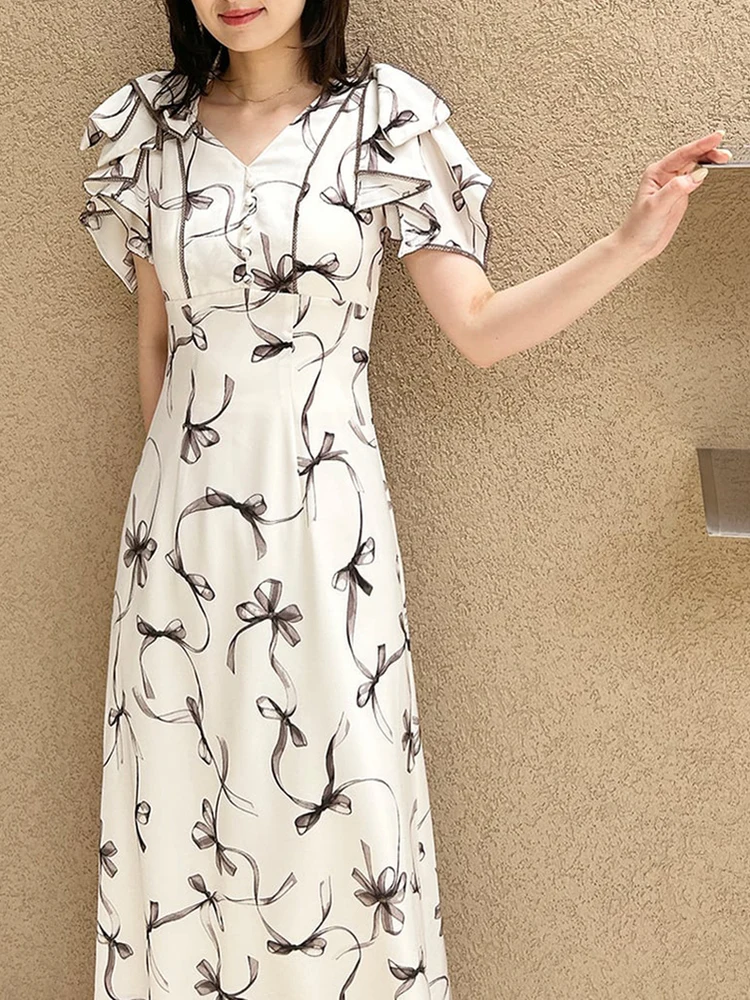 

Elegant V-Neck Short Sleeve Printed Dress with Waist Cinch And Bow Tie Tagkita Autumn Winter New Arrival City Commute Suitable