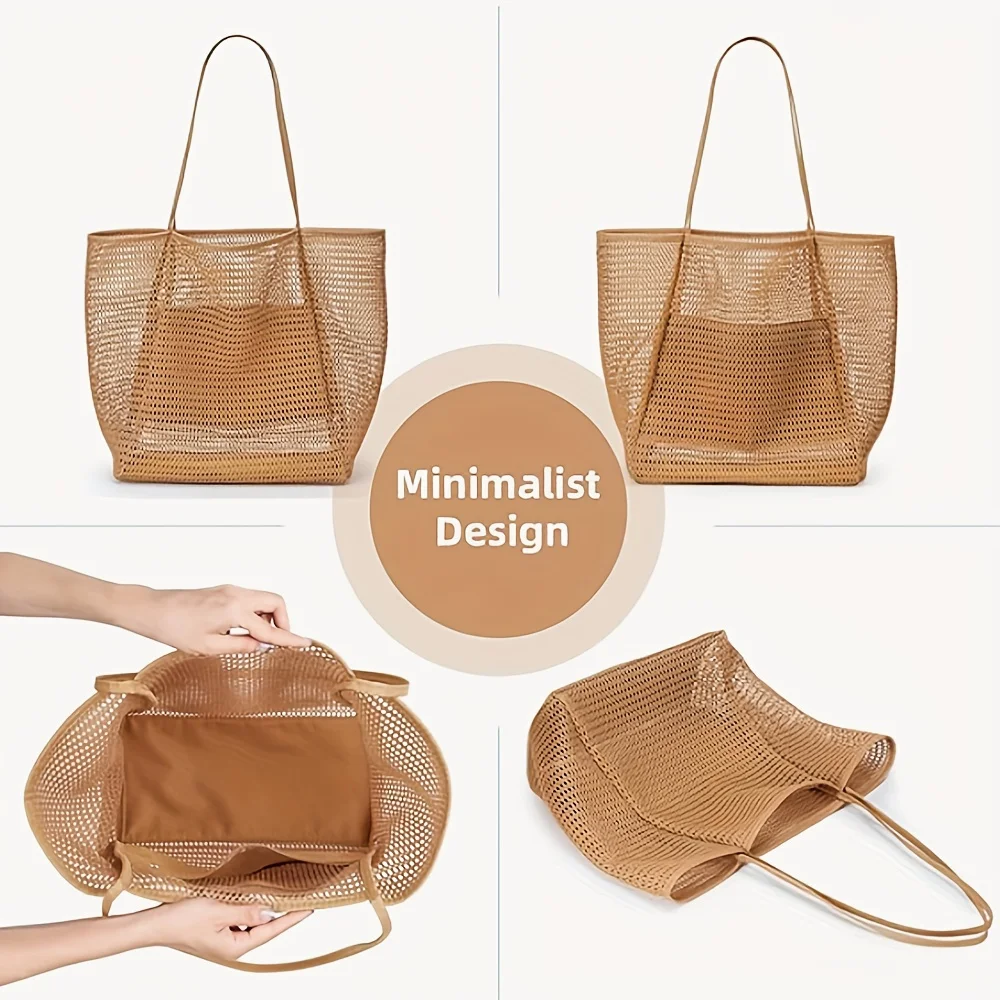 Große Strandtasche für Damen - Robuste Polyester-Schultertasche mit offenem Oberteil für Reisen und Einkaufen – Detail 6