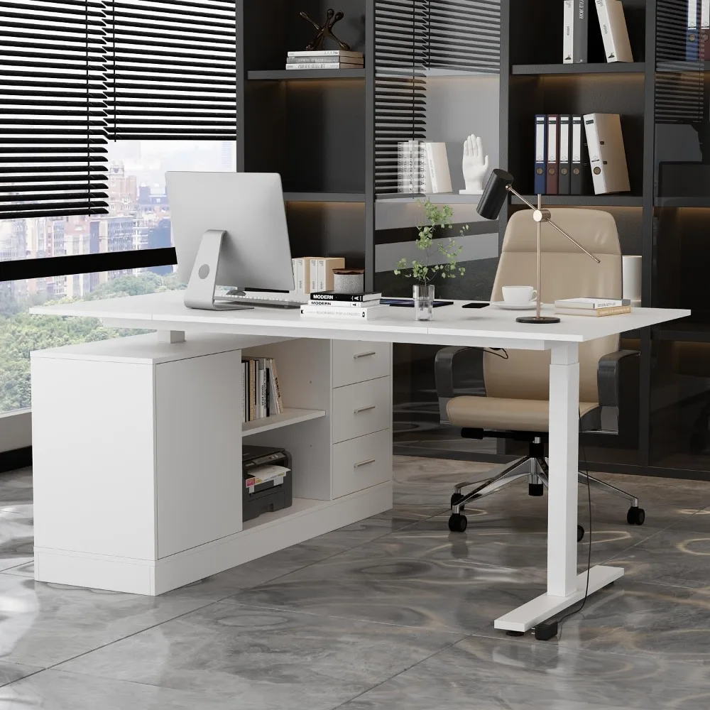 

L-shaped electric standing desk with drawers and shelves, adjustable height and reversible shape standing desk