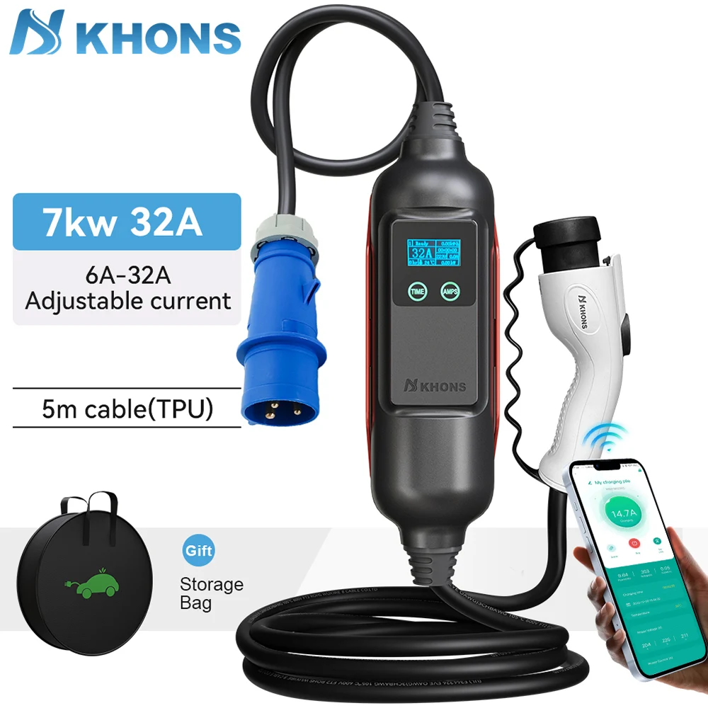 Khons 7KW GBT Electric Vehicle Charger 32A Electric Car EVSE Charging Box Electric Vehicle APP Bluetooth Version Control Current