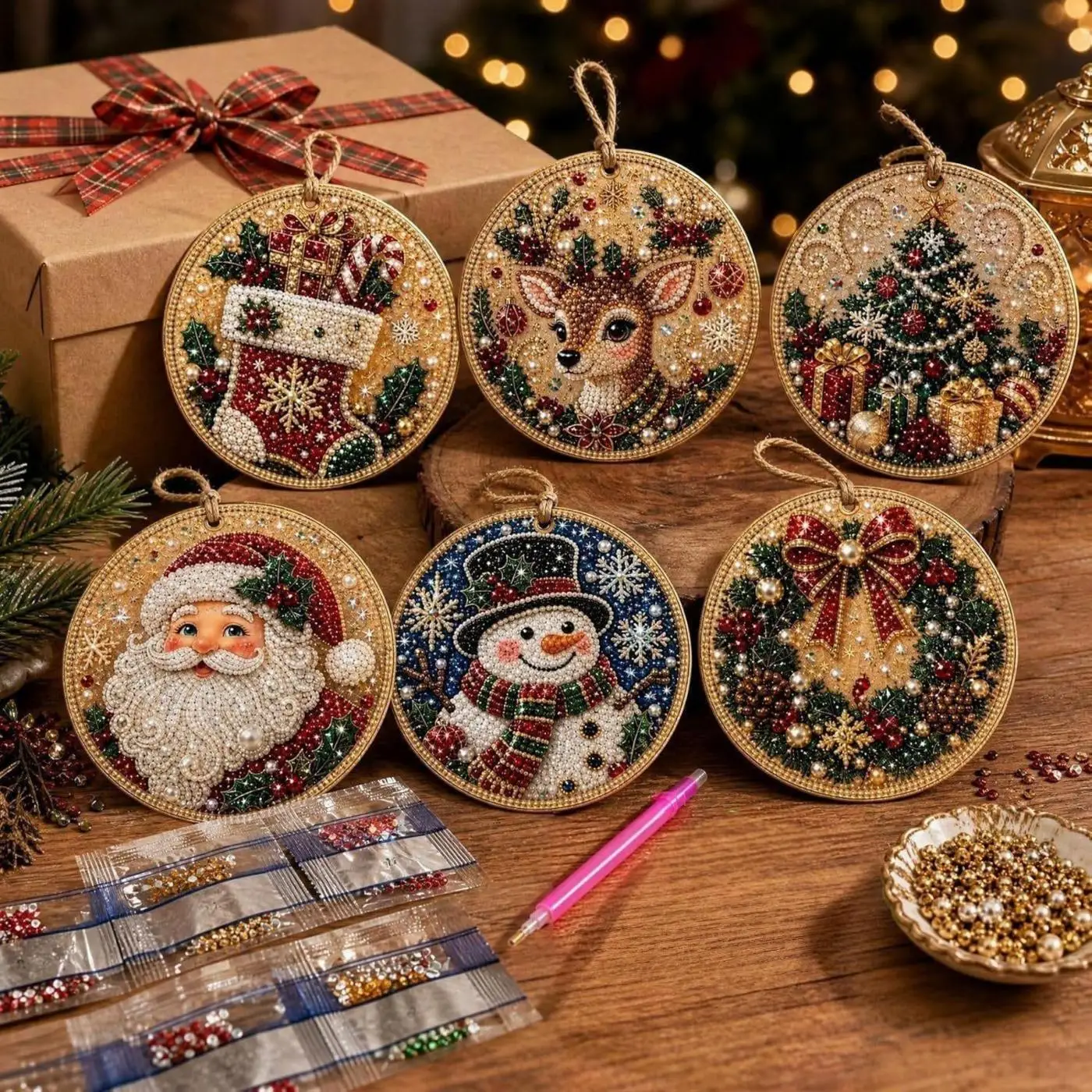 Christmas DIY Diamond Art Wooden Hanging Ornaments Santa Claus Snowman Reindeer Resin Pearl Painting Xmas Handmade Craft Gifts