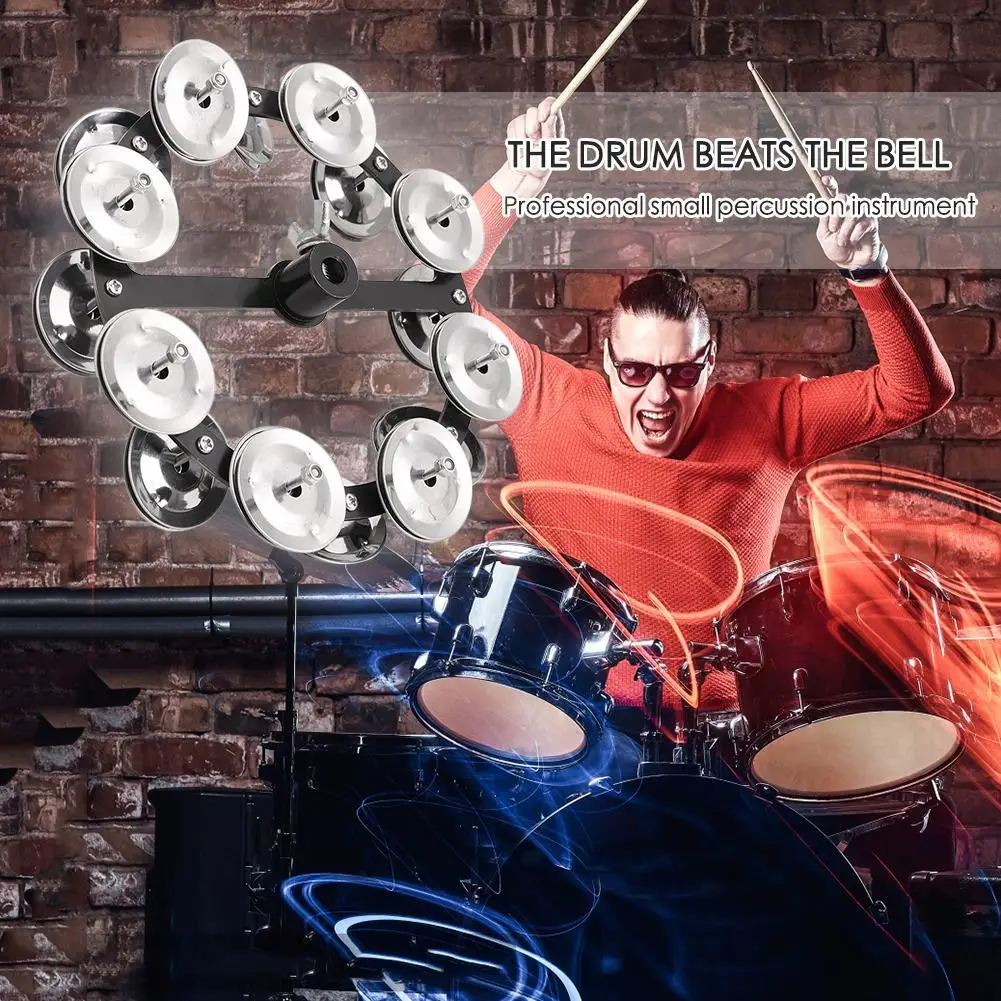 Drum Cymbals Hi Hat Tambourine Steel Bells with Row Jingles Portable Percussion Instrument for Kids Adults Gifts