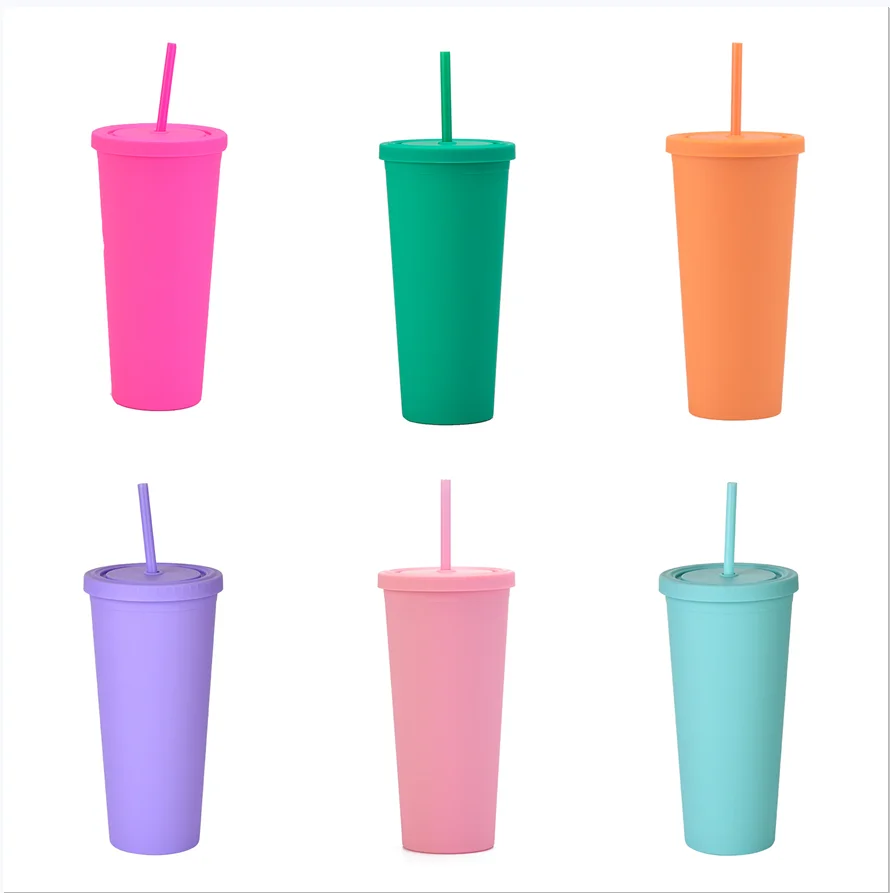 Matte Finish Reusable Plastic Cup, Double Wall Tumbler with Straw, Coffee Cup, Drink Cup, 700ml, 710ml, 22oz, 24oz, New, 2024