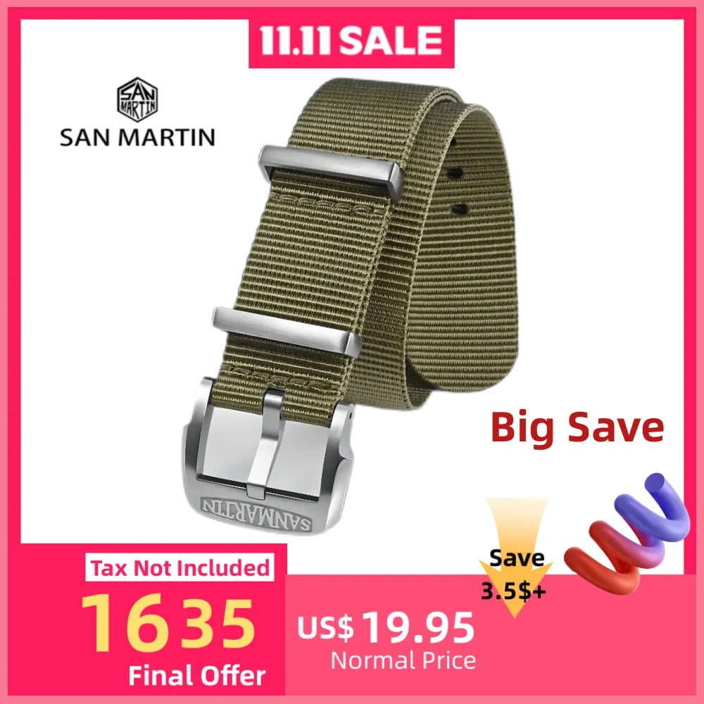 

Нейлоновый ремешок San Martin, десантник, 20 мм, военный ремешок для часов, спортивный удобный универсальный интерфейс, пряжка, прочный спортивный BD0005