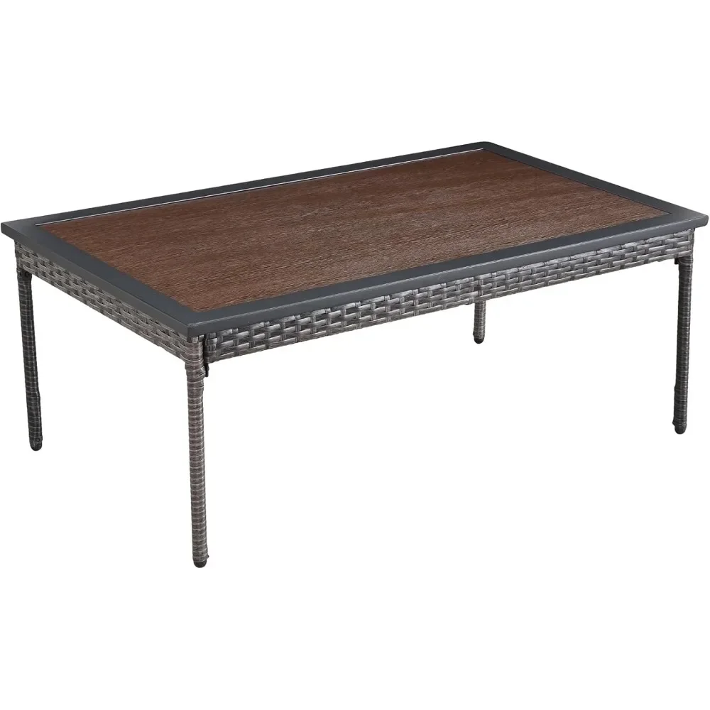 

Outdoor Rectangular Coffee Table Metal Wicker Patio Table with Wood Grain Top & Steel Frame – for Living Room & Patio Use