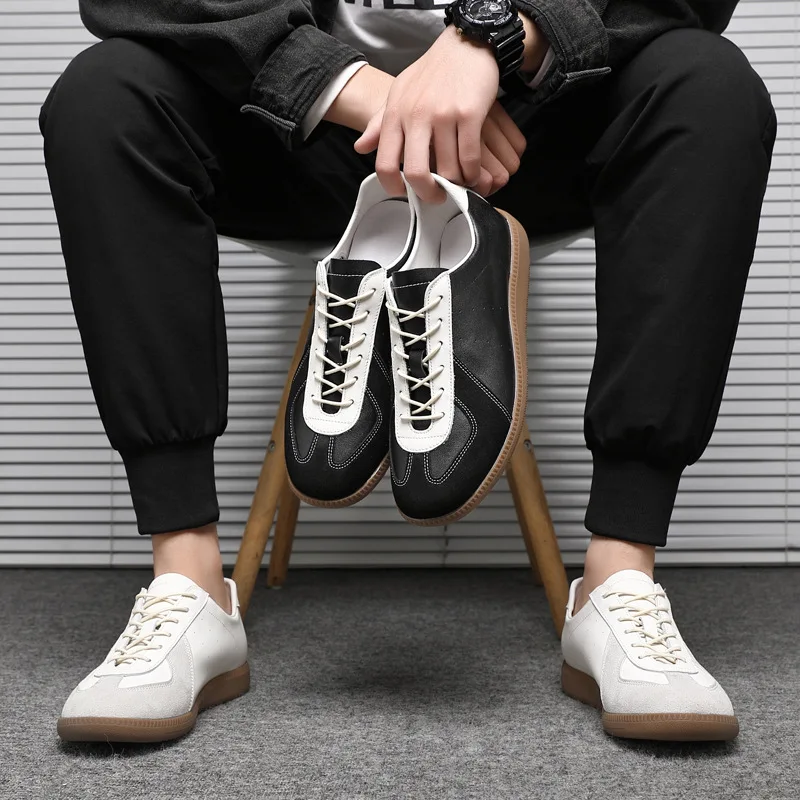 

New Shoes for Men Genuine Leather Casual Shoes Fashion Flat Skateboard Shoes Street Round Toe Lace-up Sneakers