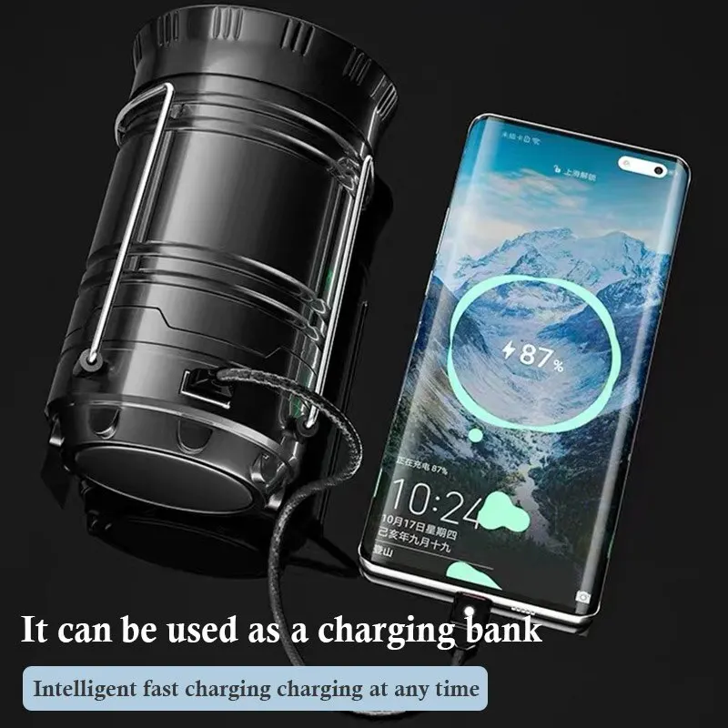 Rechargeable Solar Power LED Telescopic Flashlight Portable Emergency Camping Lantern For Outdoor Hiking Tent Handing Light