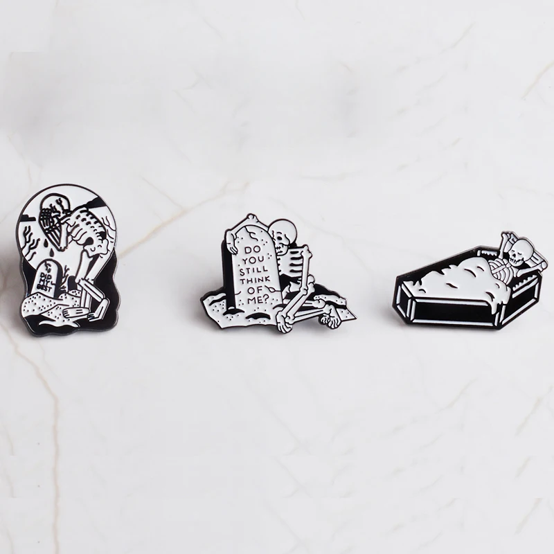 Lonely death enamel pin Skeleton coffin grave brooch Punk dark humor Badge Gift for friends Lapel pin jewelry for Jeans cap bag view 3
