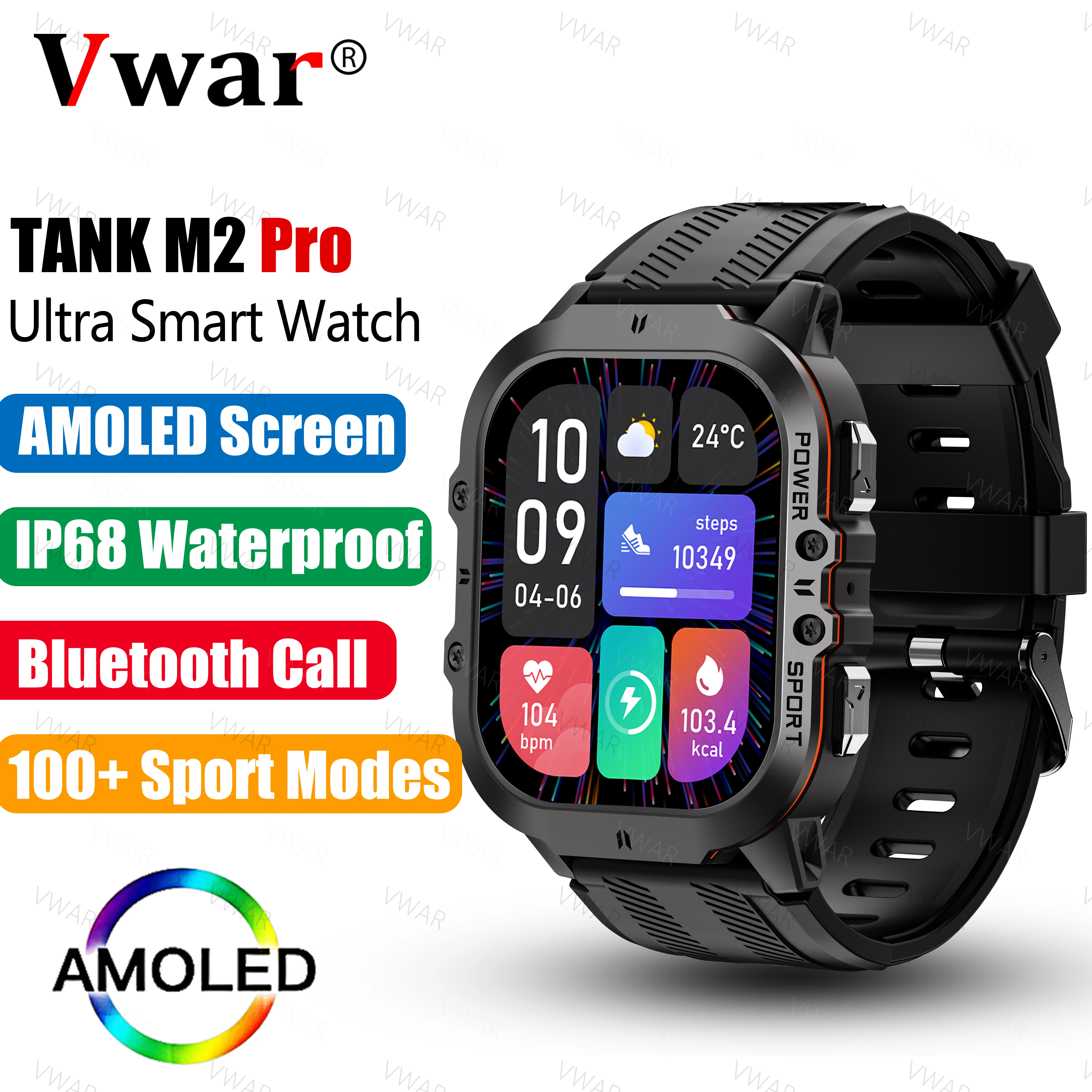 VWAR 탱크 M2 프로 스마트 워치 AMOLED 울트라 스마트워치, 피트니스 밀리터리 워치, AI 음성 IP69K 방수 스포츠 스마트워치, 1.96 인치 