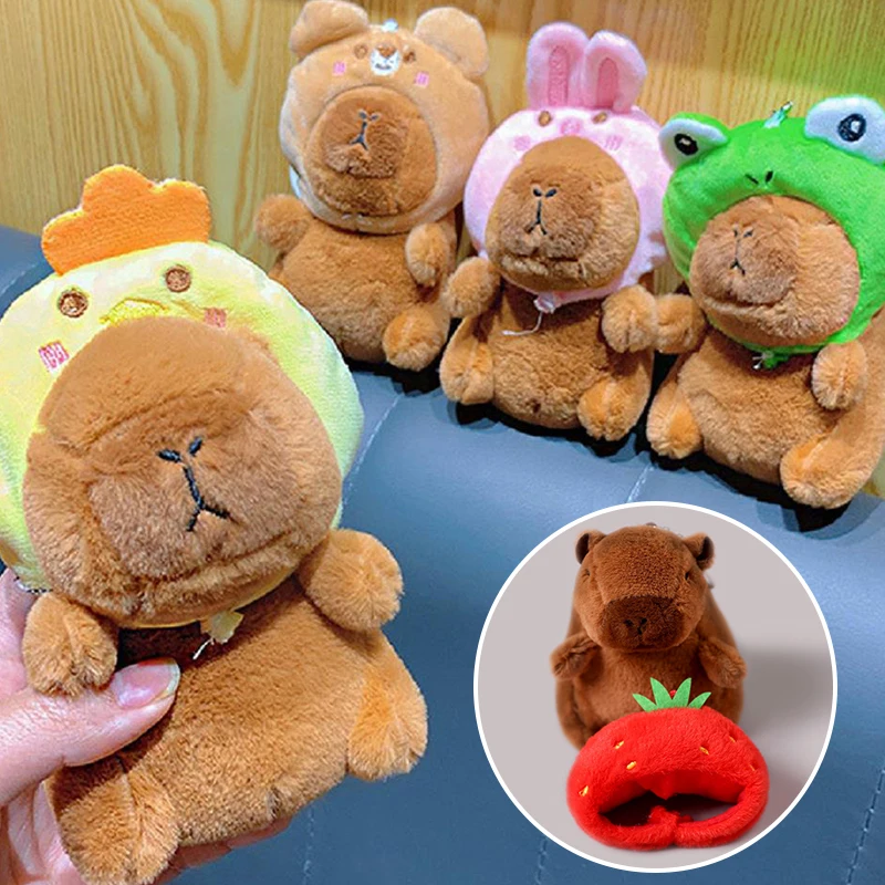 Cartoon Removable Strawberry Frog Hat Capybara Doll Keychains Women Cute Plush Car Keyring Creative Backpack Pendant Gifts