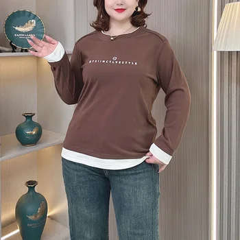 T-shirt thermique en velours pour femme, tissu imprimé basique, faux deux pièces, grande taille, automne, hiver, Y-2389