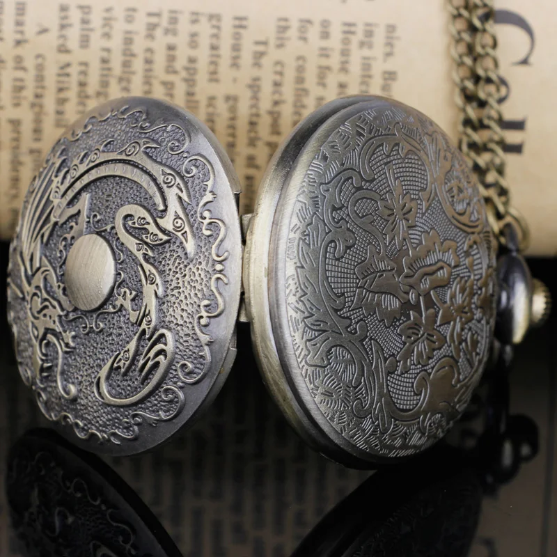 خمر التنين البرونزية ساعات الجيب الكوارتز التناظرية قلادة قلادة فوب سلسلة ساعة الرجال النساء الأطفال مجوهرات اكسسوارات هدايا