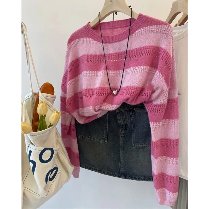 여성용 라운드 넥 긴팔 루즈 풀오버 상의, 스트라이프 할로우, 스위트 시크, 소프트 니트 스웨터, Y2K, 트렌디 대비 색상