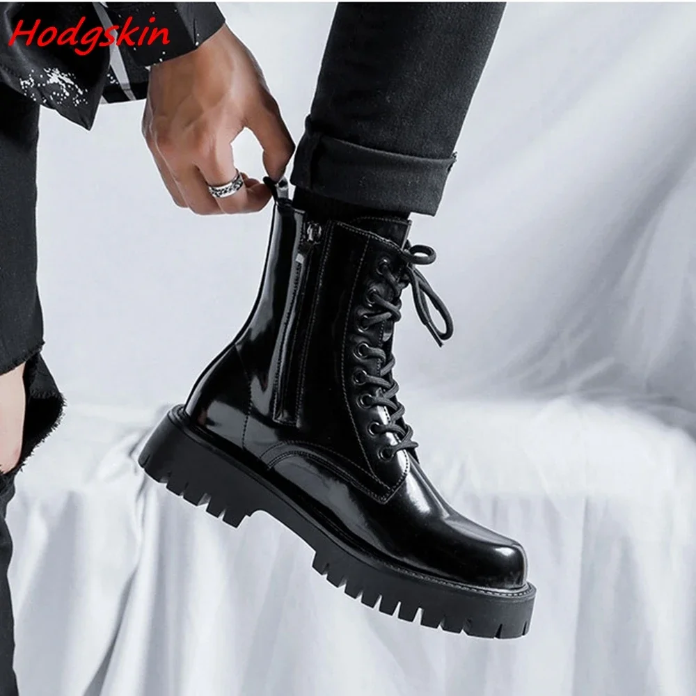 Black Patent Leather Boots for Men Round Toe Mid Calf Lace Up Height Increasing Spring Autum Newest Sewing Casual Fashion Shoes