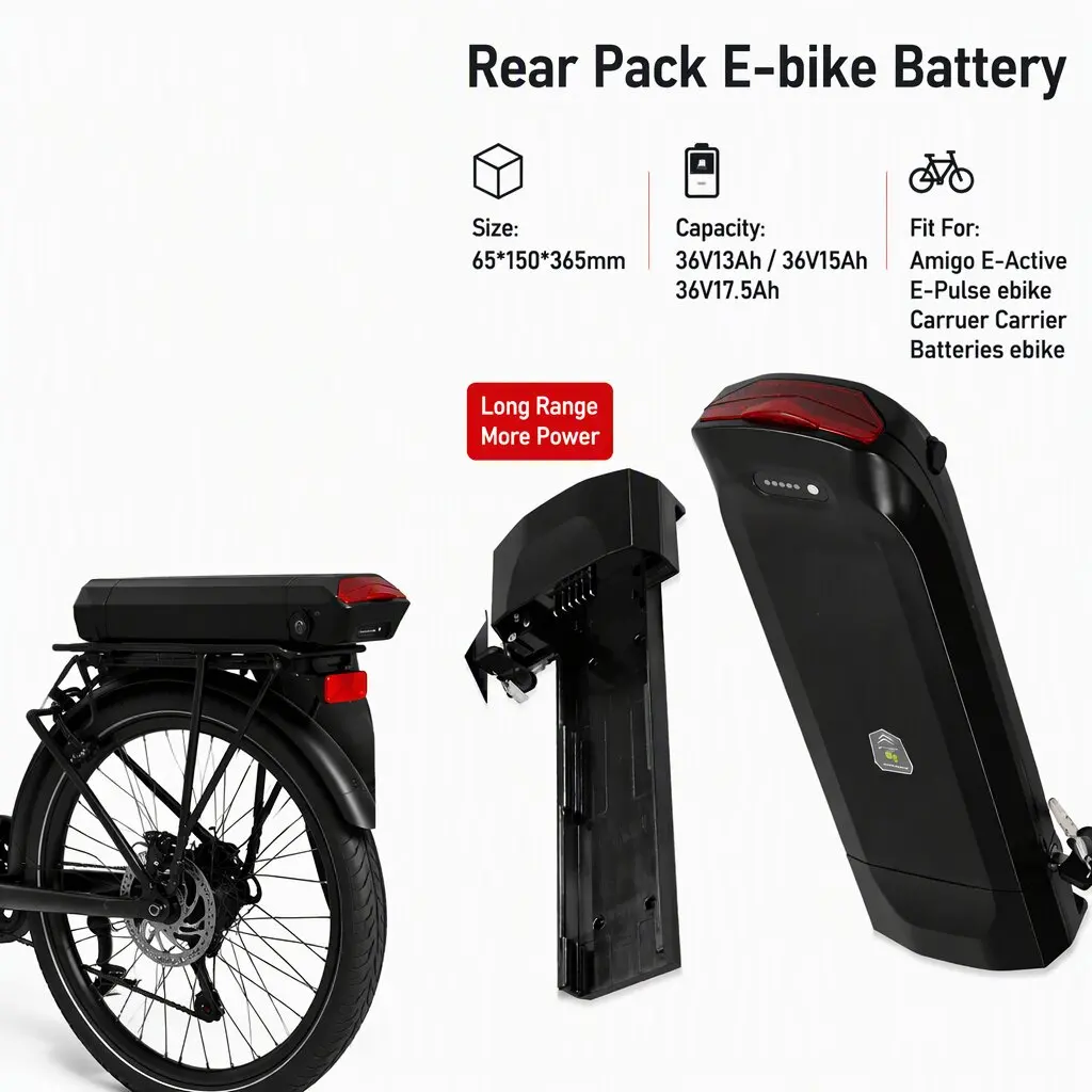 Amigo E-Active E-Pulse Rear Pack 500W 750W 36V 13Ah 15Ah 17.5Ah Rack Carruer Carrier Batteries with 42v 3A Charger