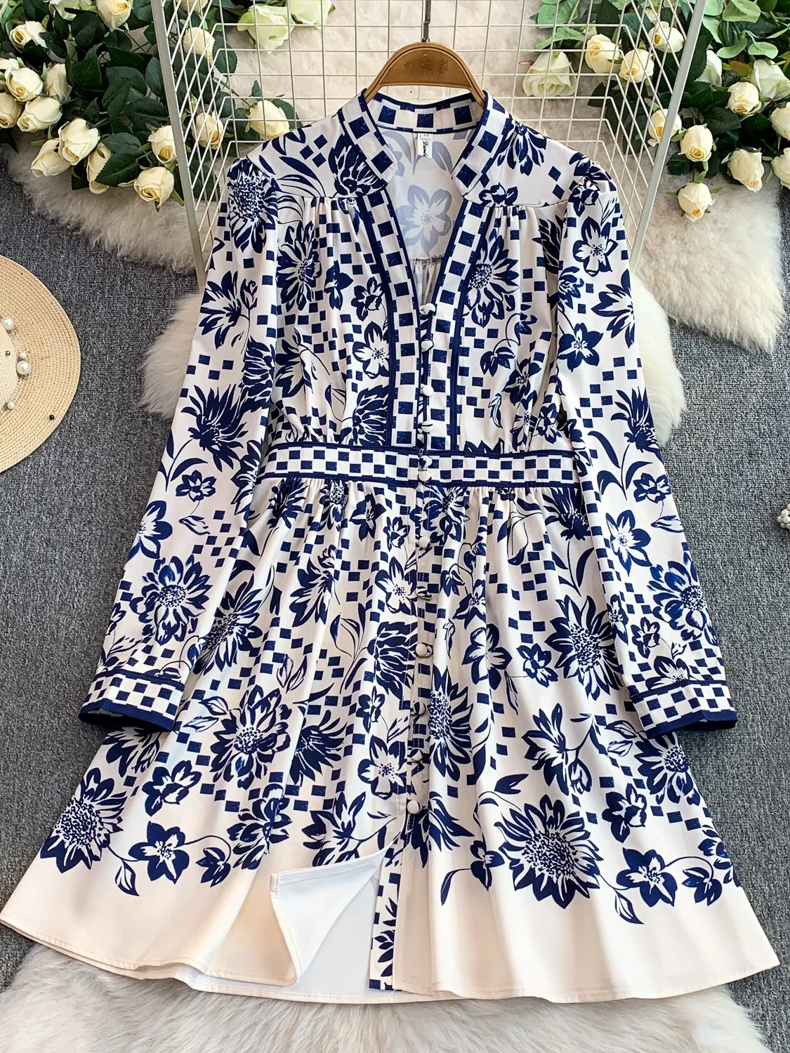 Retro Court Sle Satijnen Print V-Ne Dr Dames Herfst Winter Enkele knop Afslanken A-lijn Midi Dr Hoge taille