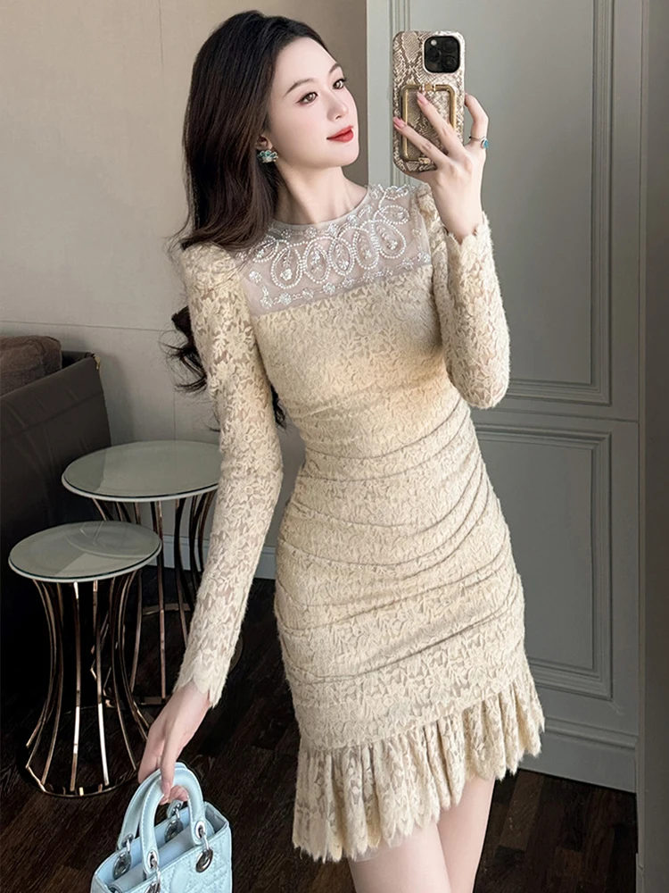 French Birthday Party Dress Women Sexy Exquisite Mesh Splice Diamond Folds Bodycon Ruffles Fishtail Gown Lady Banquet Vestidos