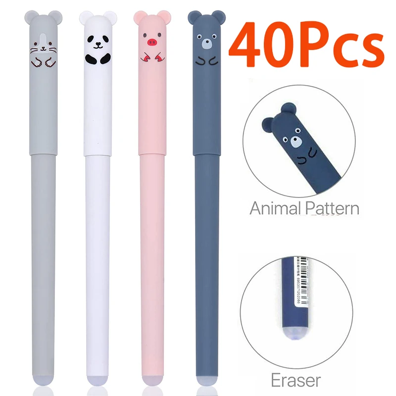 

40Pcs Black Blue Erasable Pens Cartoon Panda Animal Pattern Erasable Ballpoint Pen Erasable Gel Pens Rub Out Pens for Kids