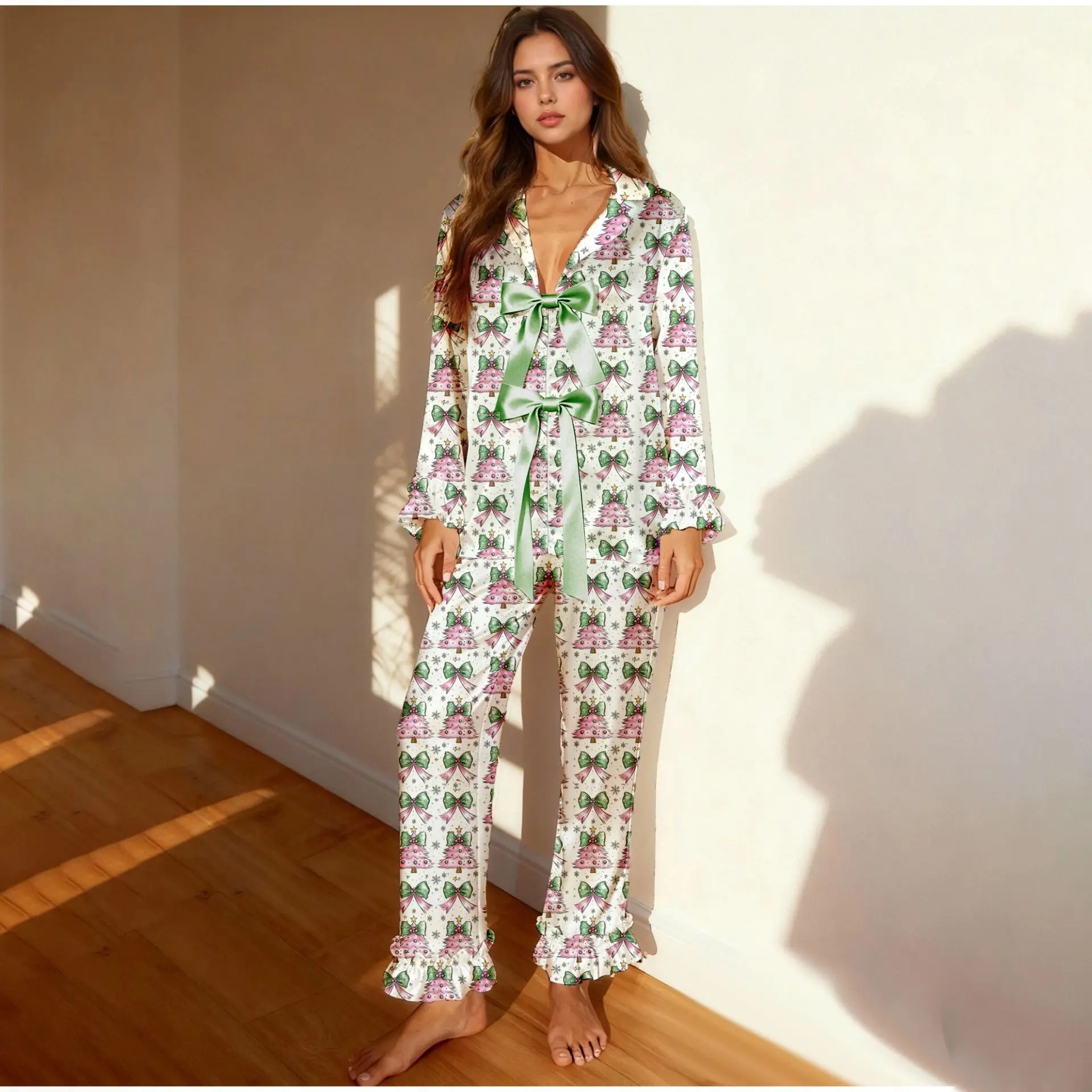 

Women's 2PCS Christmas Pajama Set Long Sleeved Top And Pants Sleepwear Sweet Bow Loungewear For Spring And Autumn Nightwear