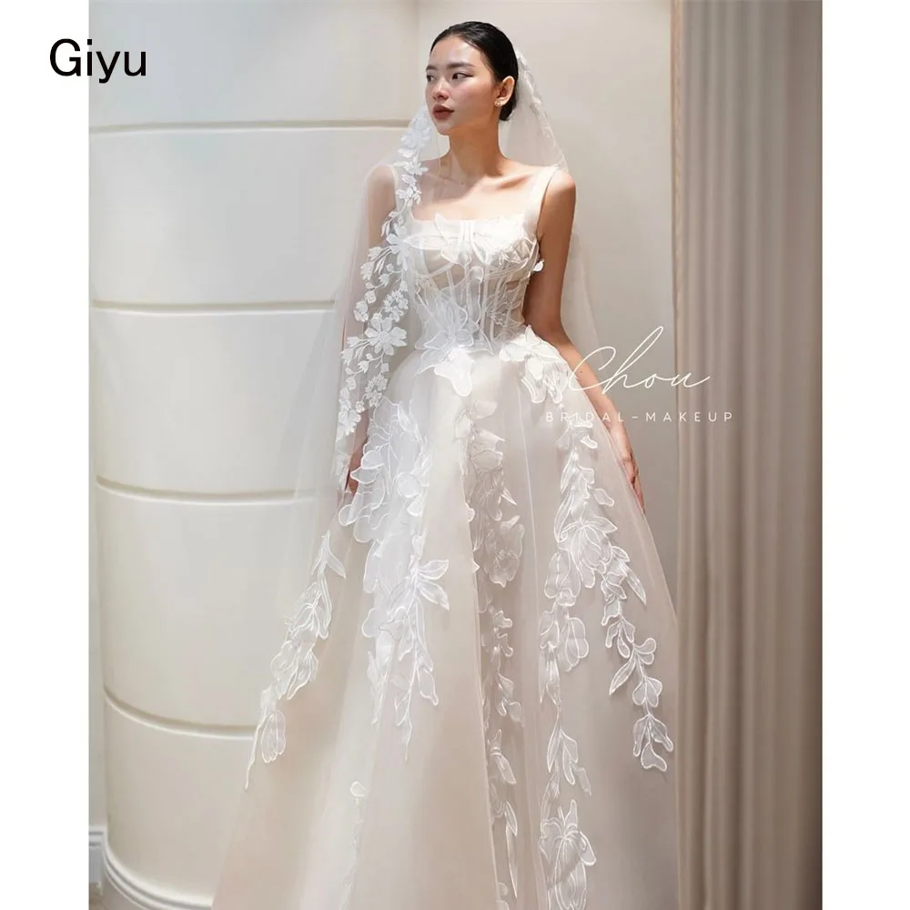 Giyu Fairy Lace Followers Wedding Dress For Woman A-line Square Collar Floor-length Vestidos Novias Boda Bridal Gown