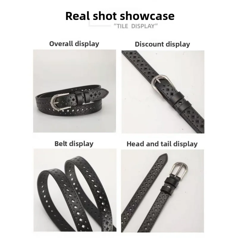 New Simple Multifunctional Retro Silver Narrow Korean-Style Slim Women's Belt, Black Pin Buckle Hollow Small Leather Belt