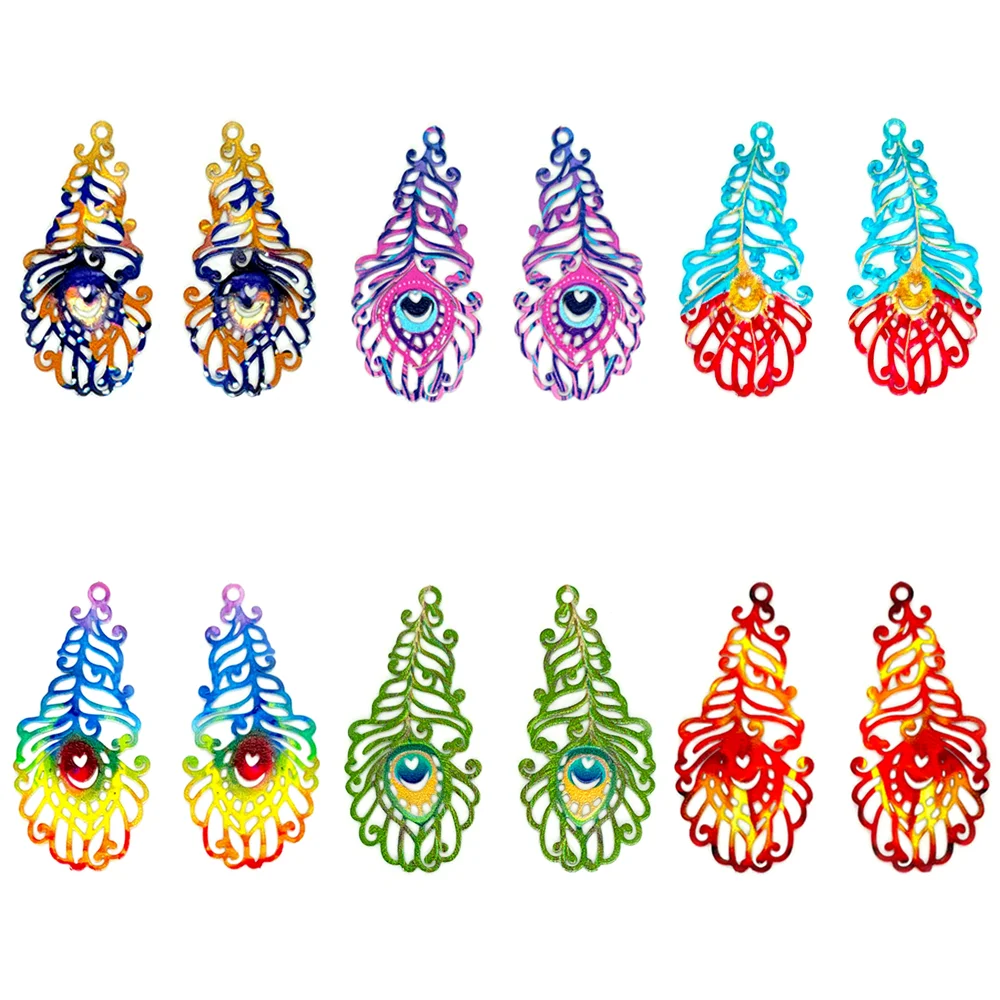 10pcs 16*34mm Peacock Feather Charms Multicolor Filigree Plume Pendant for Jewelry Making Accessories C13115