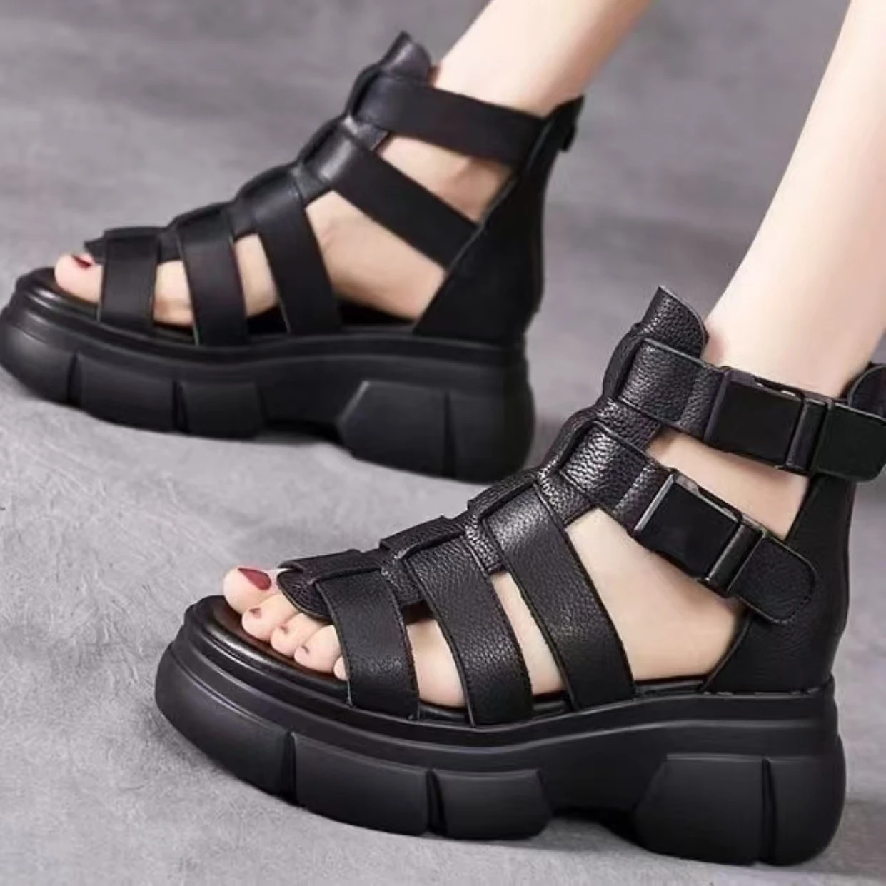 

Women's Leather Hollow Out Peep Toe Wedges Sandal Summer New Thick Sole Non Slip Breathable High Top Zippers Ankle Cool Boots