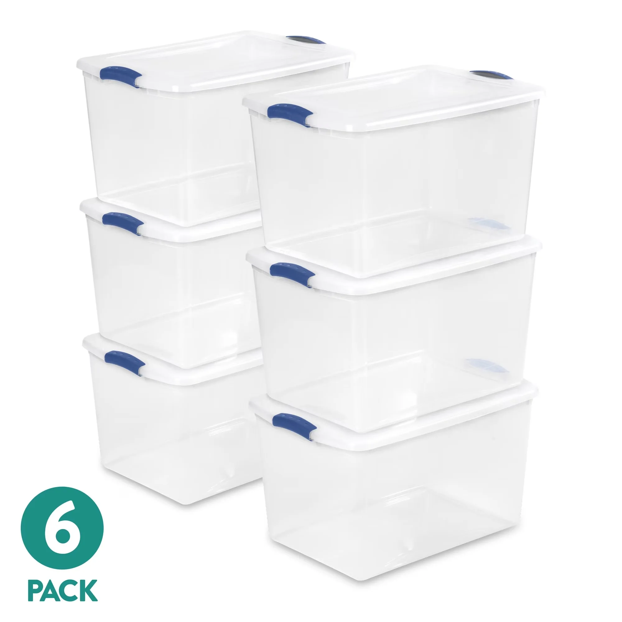 66 Quart Clear Latching Plastic Storage Bin 6 Pack, Large Transparent Container with Clear Lid & Blue Secure Latches, Stackable Organizer for Closet Bedroom Dorm ****